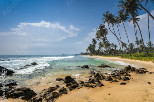 Stones and palm trees on a sandy beach of Hikkaduwa in Sri Lanka