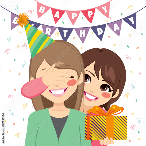 Happy mother covering her daughter eyes and offering a surprise birthday gift at anniversary party
