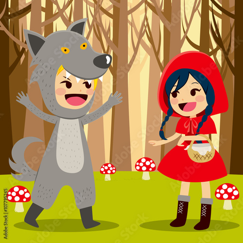 Illustration of Red Riding Hood at Forest meeting wolf