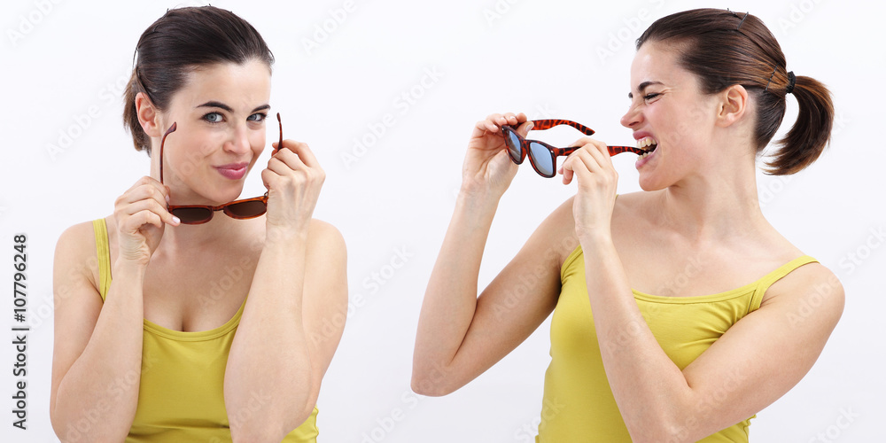 fun woman with spotted sunglasses, joyful isolated on white background fun woman with spotted sunglasses, joyful isolated on white background