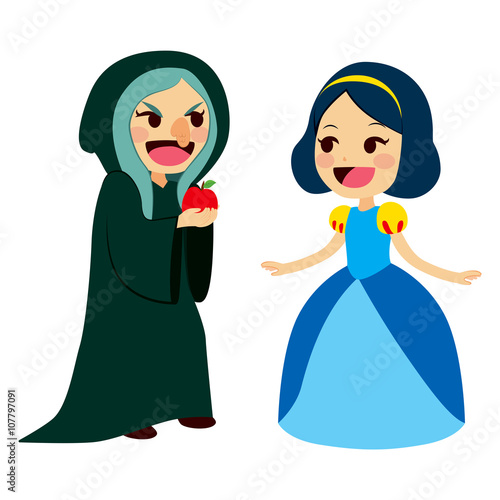 Snow White princess getting an apple from an ugly old evil witch