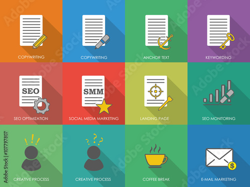 Icons of copywriting in flat style. SEO copywriting and SMM. Vec