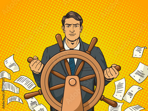 Businessman and ship steering wheel pop art vector