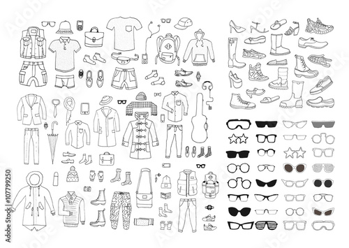 Big hand drawn collection of trendy clothes, shoes and accessories. Look Book. Isolated. 