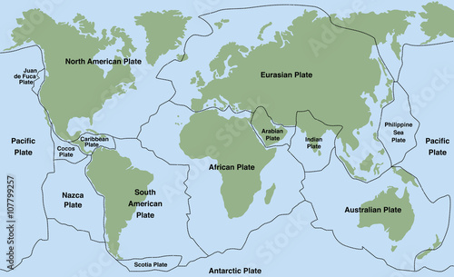 Plate tectonics - world map with major an minor plates. Vector illustration.