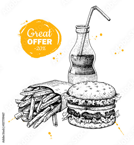 Vector vintage fast food special offer. Hand drawn monochrome ju