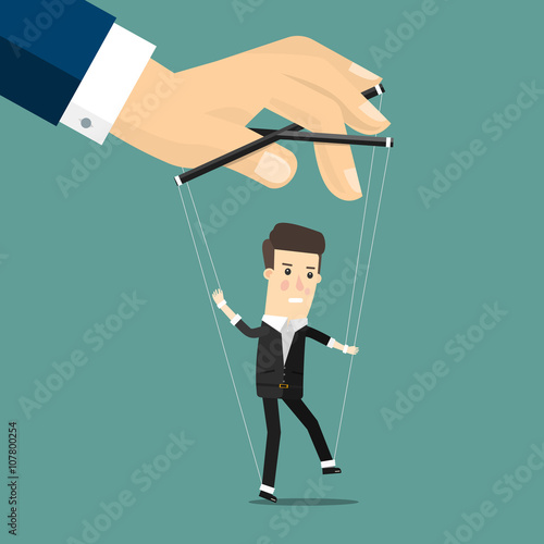 Businessman marionette on ropes controlled hand.  Business concept cartoon illustration