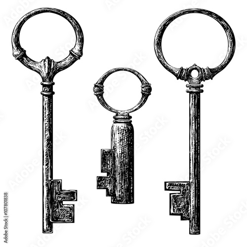 old style key collection . etching vector drawing