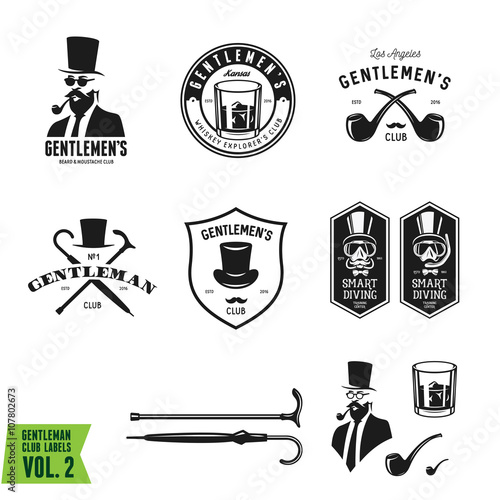Collection of vintage gentleman emblems, labels, badges and design elements. Vector illustration.