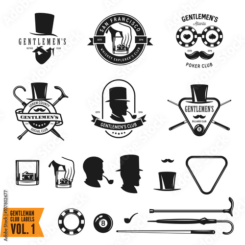 Collection of vintage gentleman emblems, labels, badges and design elements. Vector illustration.