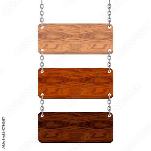 Blank wooden signboard set hanging on chain. Vector illustration