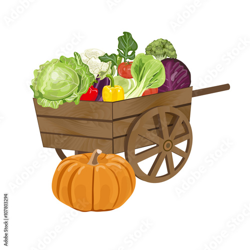 Wooden cart with vegetables.