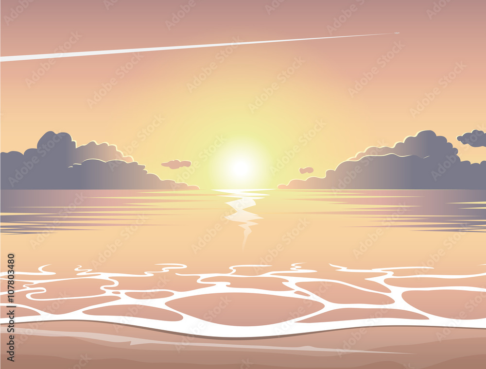 Obraz premium Evening sea beach at sunset with waves, clouds and a plane flying in the sky, vector summer background, summer illustration, summer beach