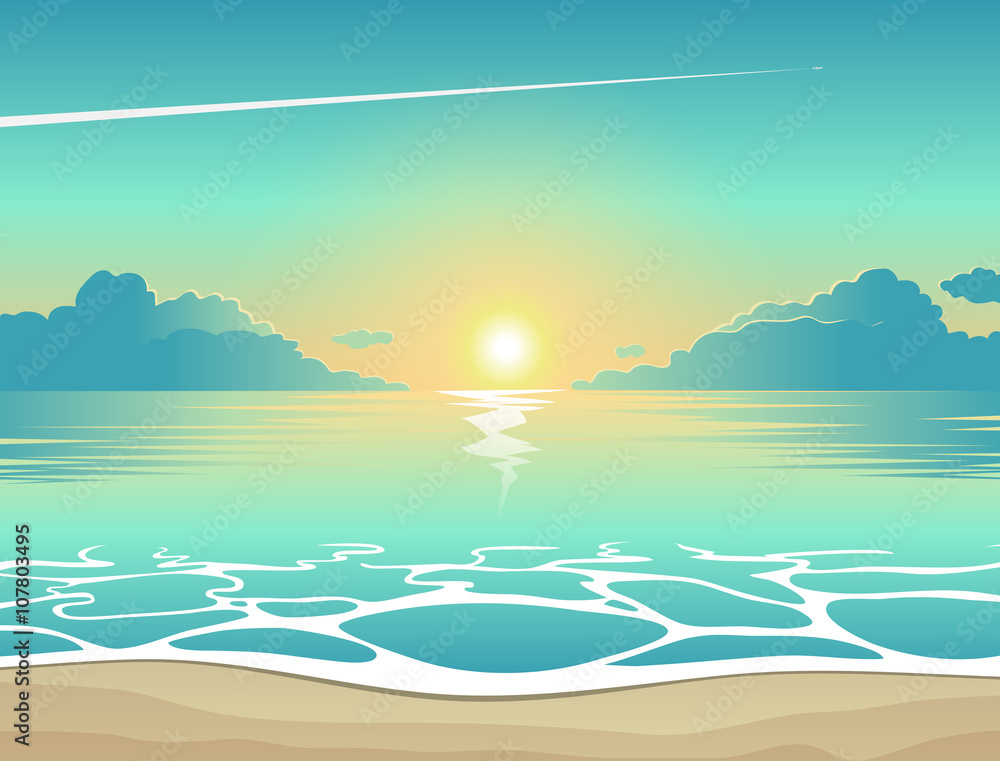 Naklejka premium Lata tło, wektorowa ilustracja wieczór plaża przy zmierzchem z fala, chmury i samolot lata w niebie, nadmorski widoku plakat