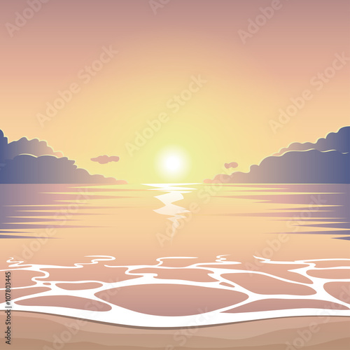 Evening sea beach at sunset with waves and clouds, vector summer background, summer illustration, summer beach