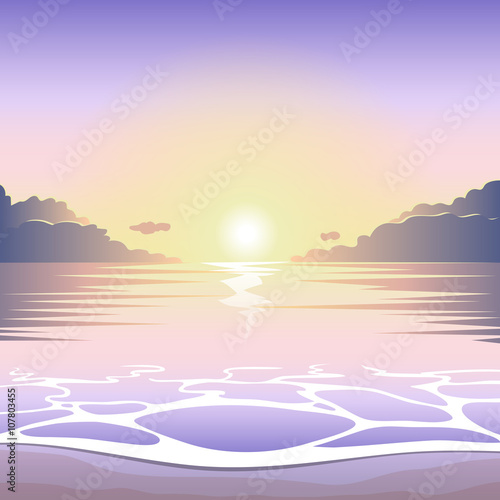 Sunset on the beach with surf, waves and sun, vector summer background, summer illustration, summer beach, summer poster