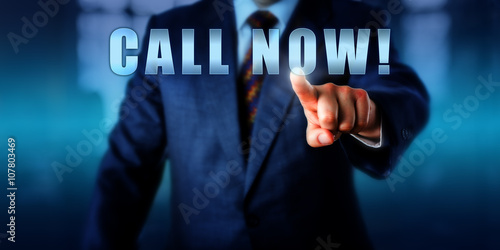 Torso Of Businessman Pushing CALL NOW!