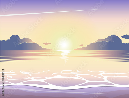 Evening sea beach at sunset with waves, clouds and a plane flying in the sky, vector summer background, summer illustration, summer beach