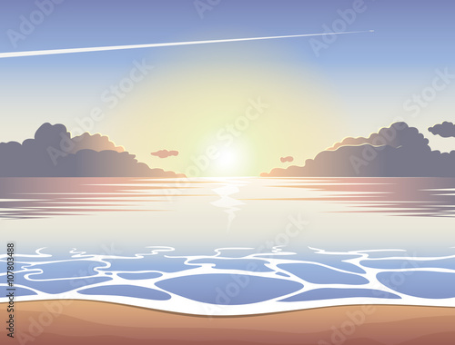 Morning sea beach at sunrise with waves, clouds and a plane flying in the sky, vector summer background, summer illustration, summer beach, summer poster