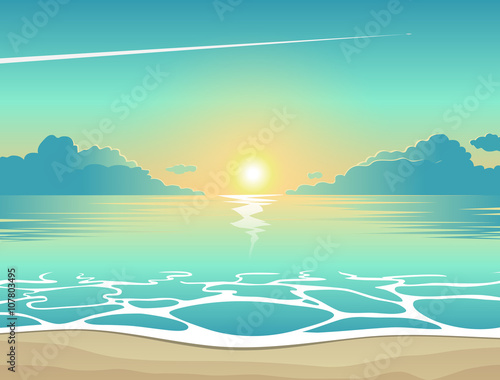 Summer background, vector illustration of the evening beach at sunset with waves, clouds and a plane flying in the sky, seaside view poster