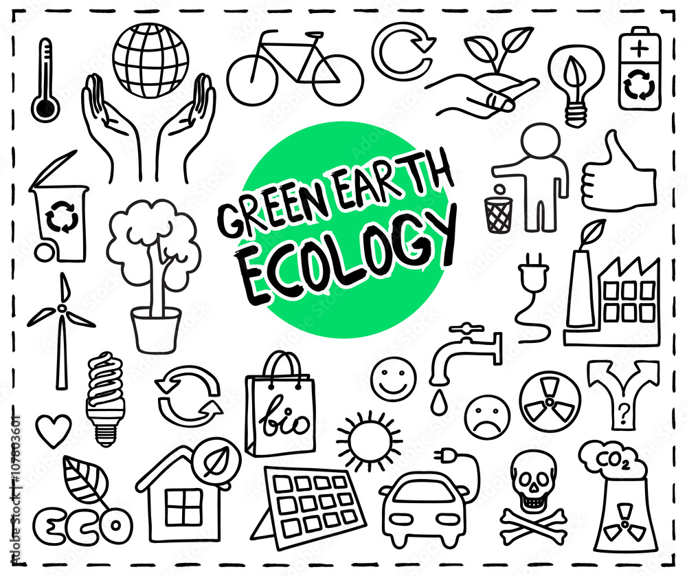 Obraz premium Green Earth Ecology doodle set