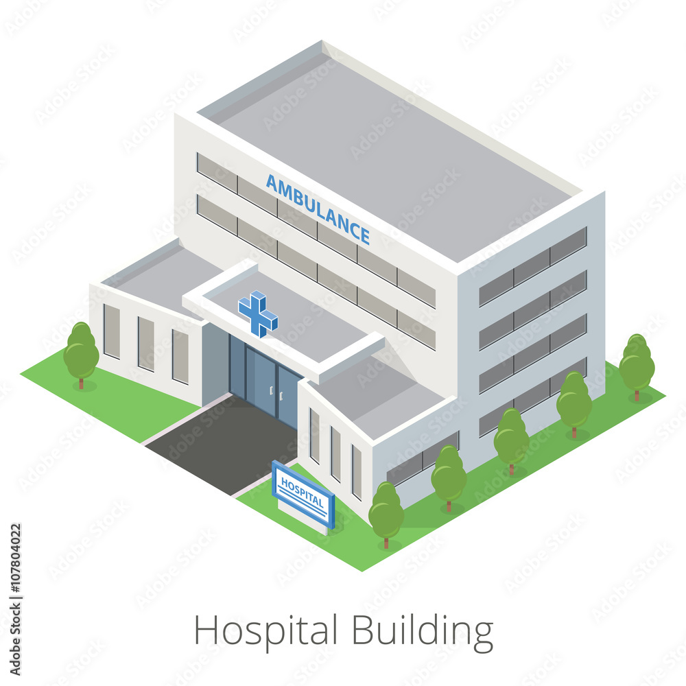 3d Isolated on white background. isometric view. flat of the Hospital and ambulance building. EPS 10 vector. Flat style illustration.