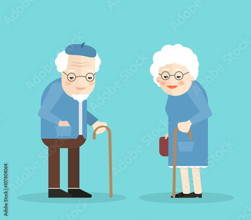Happy old man and woman with glasses and walkins cane. Isolated on blue background. Flat illustartion. Eps 10.