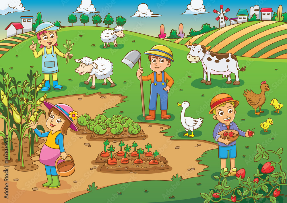 Fototapeta premium child and pet in thefarm cartoon