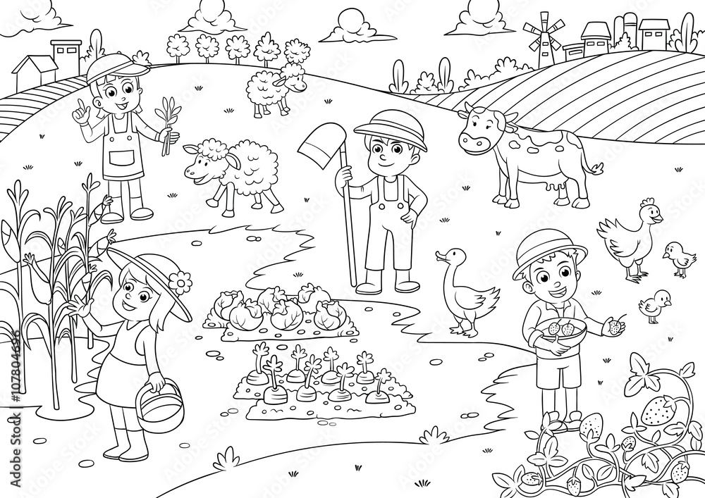child and pet in thefarm cartoon for coloring