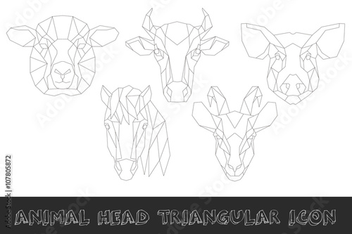 Front view of farm animal head triangular icon set, geometric trendy line design. Vector illustration for tattoo or adult coloring book.