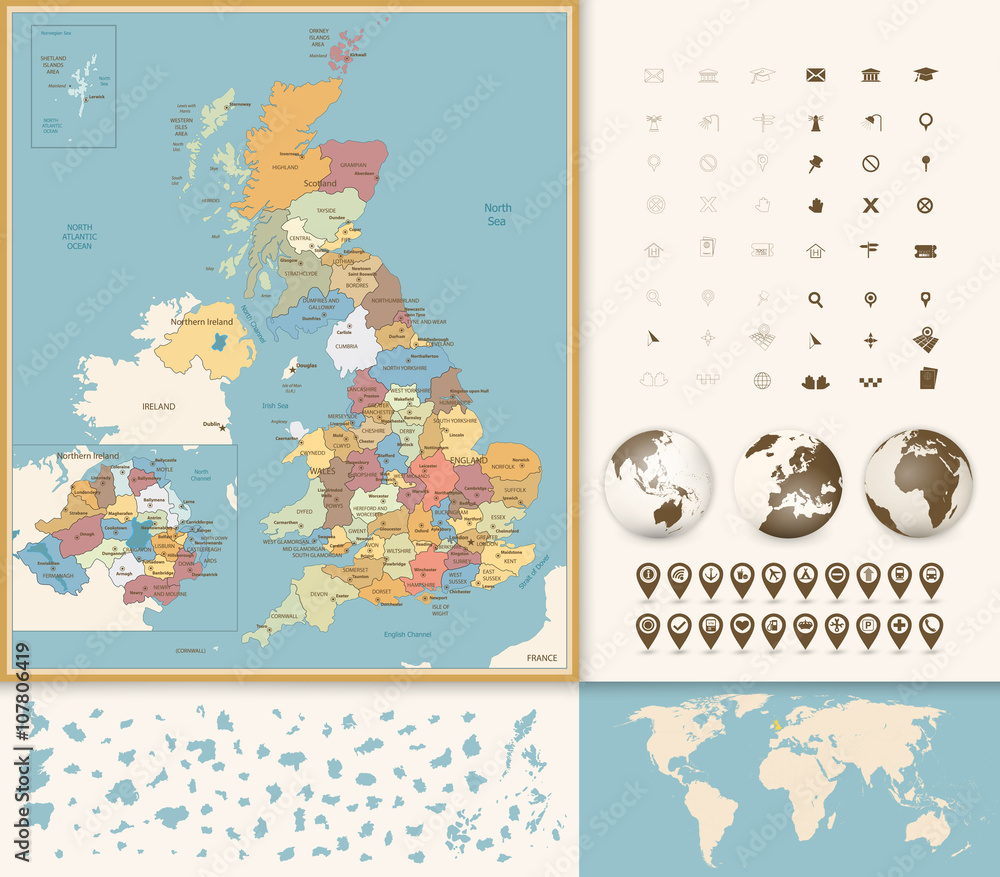 Fototapeta premium Great Britain Map with Navigation Icon Set. Vintage Colors