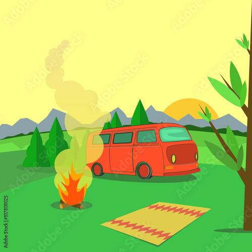 Hiking and outdoor recreation concept with flat camping travel 