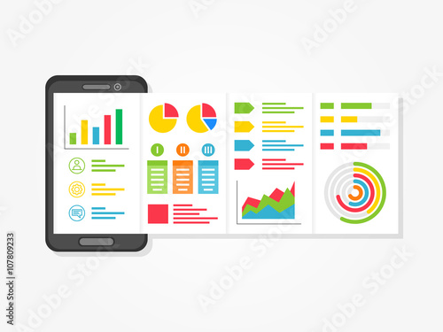 Mobile presentation vector illustration. Presentation app with charts, diagrams creative concept. Business presentation layout graphic design.
