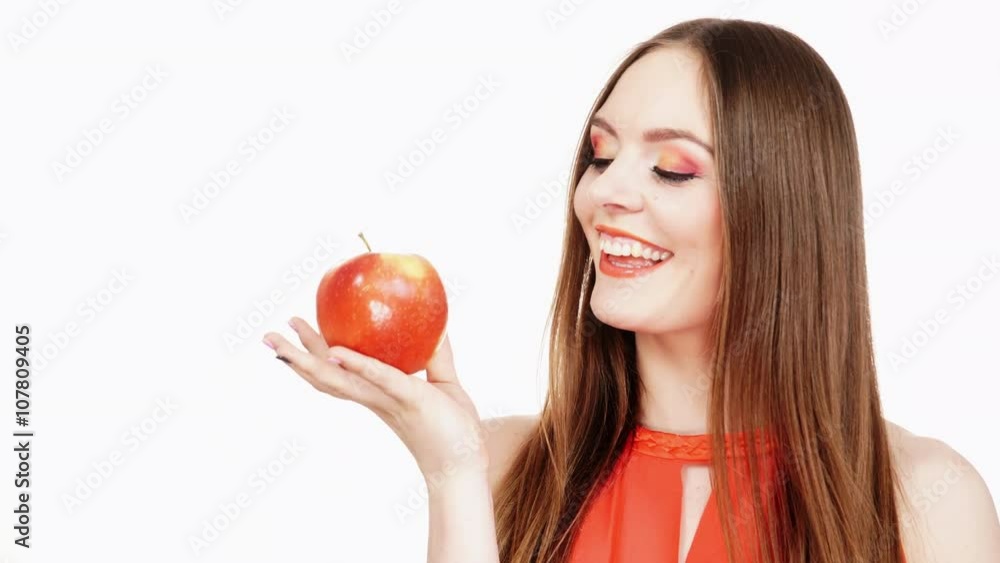 Woman charming girl colorful makeup holds apple fruit 4K Woman charming girl colorful makeup holds apple fruit 4K