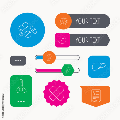 Pills, medical plaster and prescription icons.