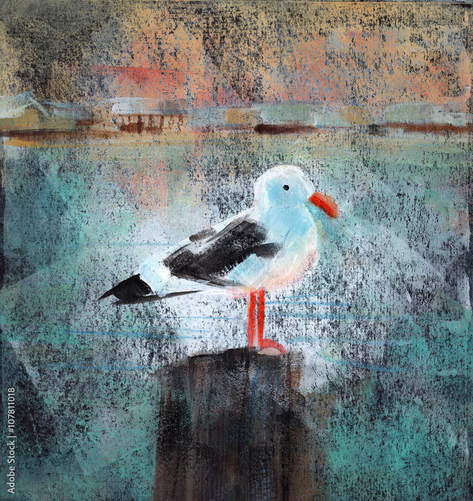 Obraz premium Seagull At The Dock - Acrylic painting of a seagull standing on a wooden dock post.
