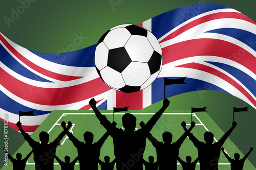 silhouettes of Soccer fans and flag of United Kingdom  . premier