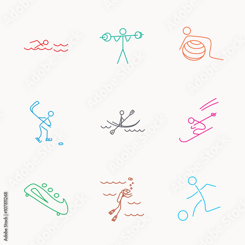 Swimming, football and skiing icons. Ice hockey.