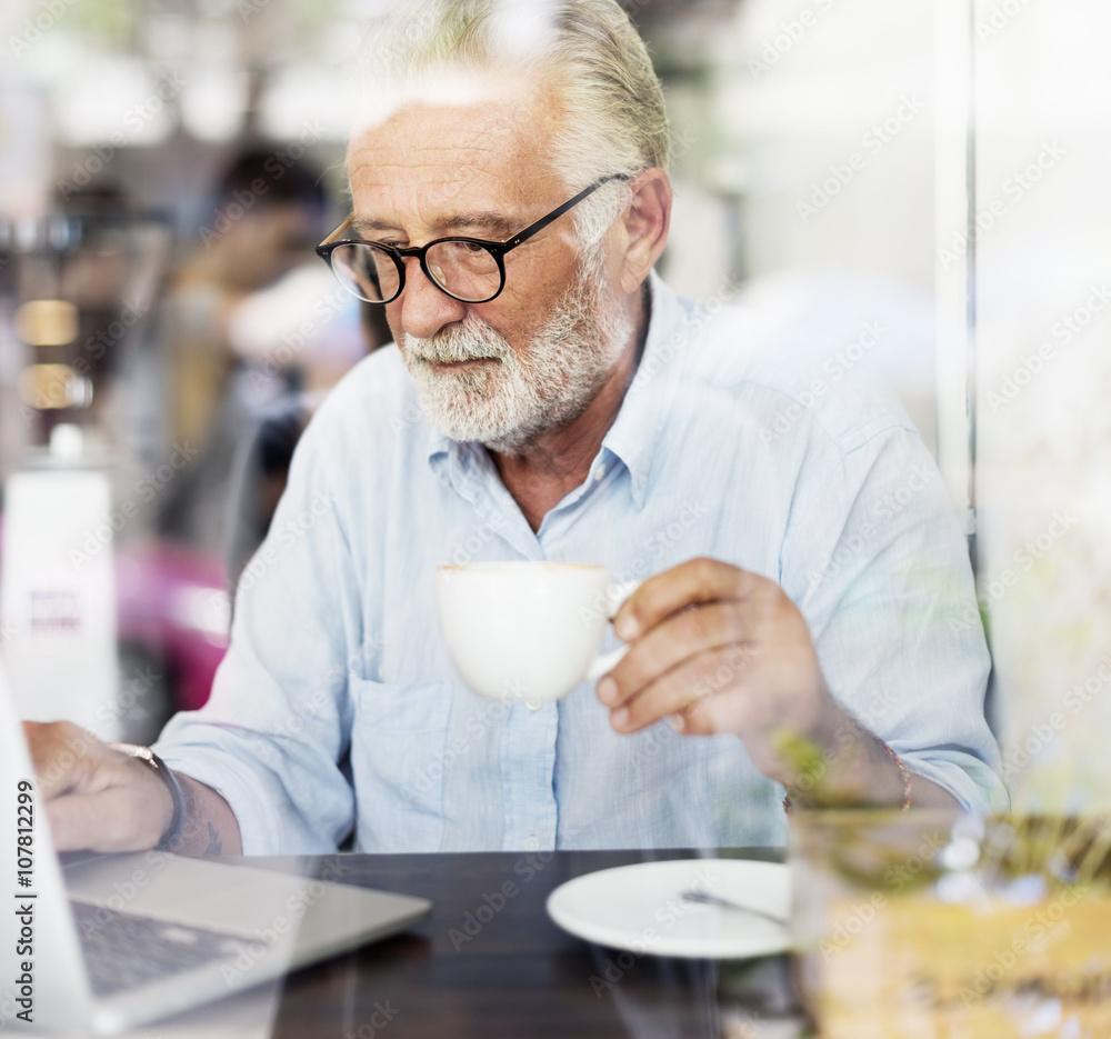 Senior Man Writing Working Coffee Shop Realxation Concept Senior Man Writing Working Coffee Shop Realxation Concept