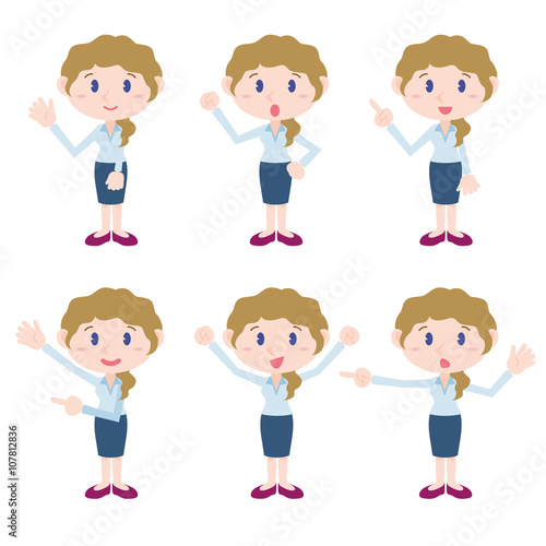 young woman character various posing clip art set, vector illustration