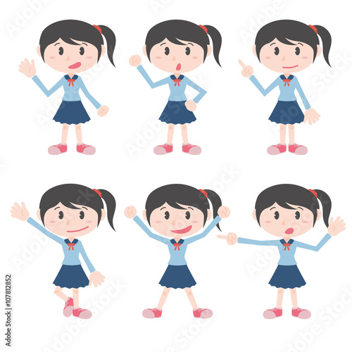 young school girl character various pose clip art set, vector illustration