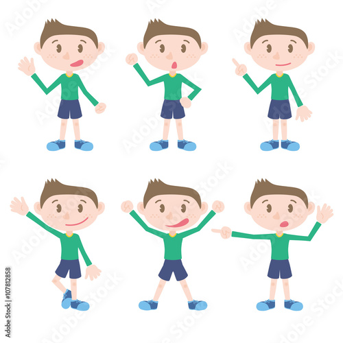 young boy character various pose clip art set, vector illustration
