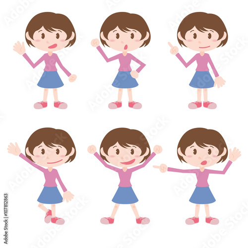young girl character various pose clip art set, vector illustration