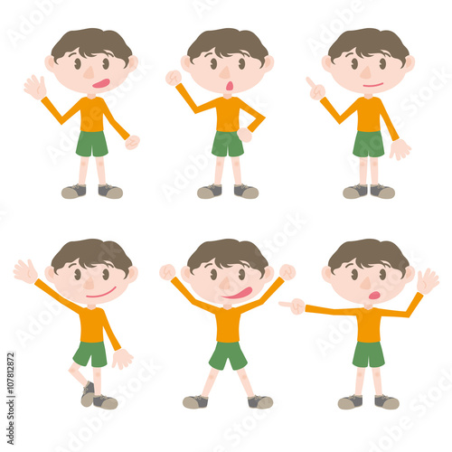 young little boy character various pose clip art set, vector illustration