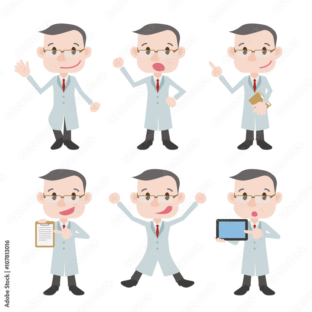 various posing character clip art set, doctor or professor wearing white coat, vector illustration various posing character clip art set, doctor or professor wearing white coat, vector illustration