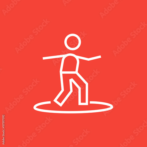 Male surfer riding on surfboard line icon.