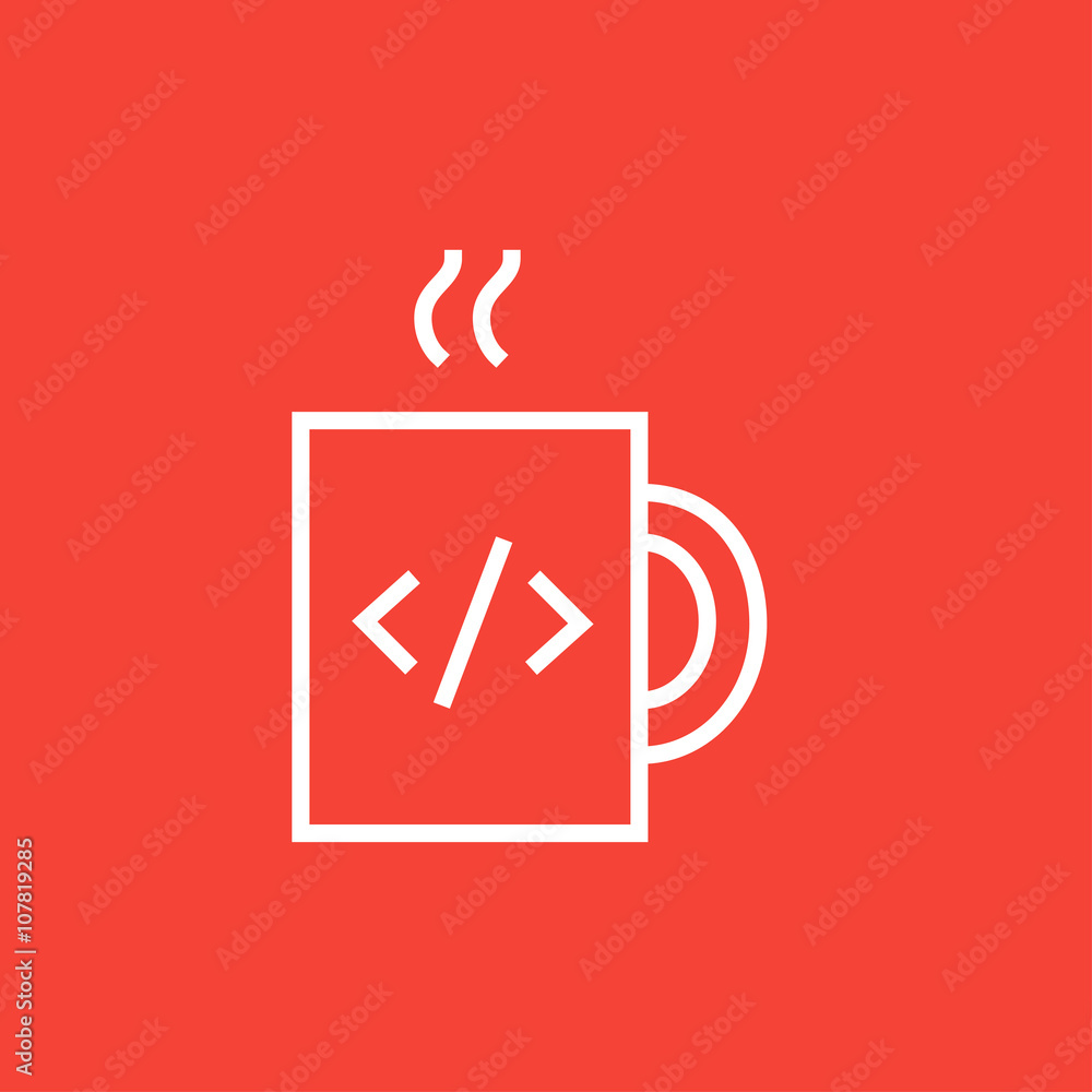 Cup of coffee with code sign line icon. Cup of coffee with code sign line icon.