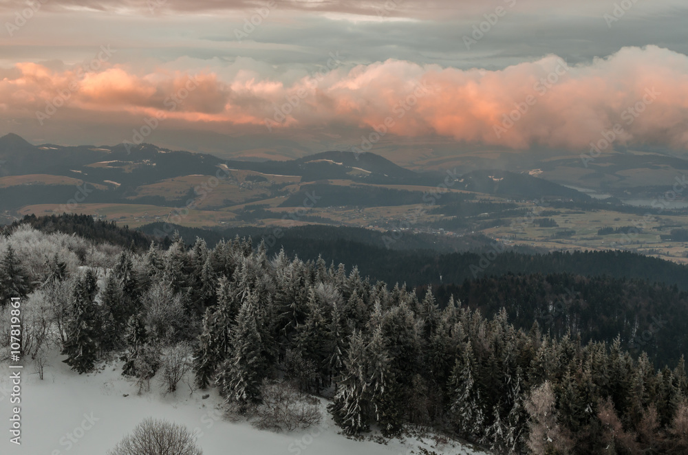 Cloudy sunrise in Carpathian mountains, Luban, Gorce, Poland