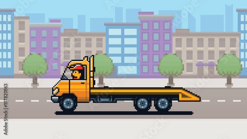 Empty Tow truck, city background pixel art game style layer illustration
