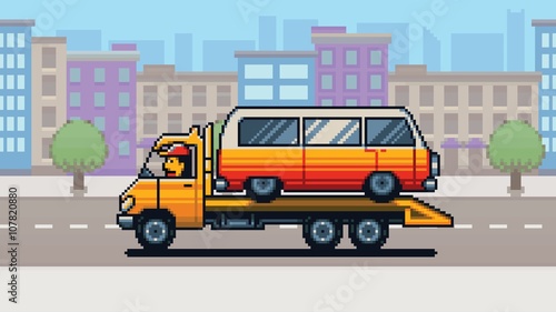 Tow truck and city background pixel art game style layer illustration